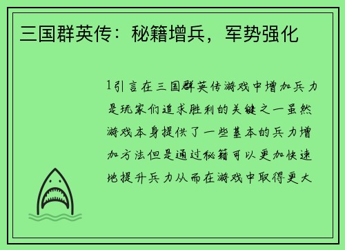 三国群英传：秘籍增兵，军势强化
